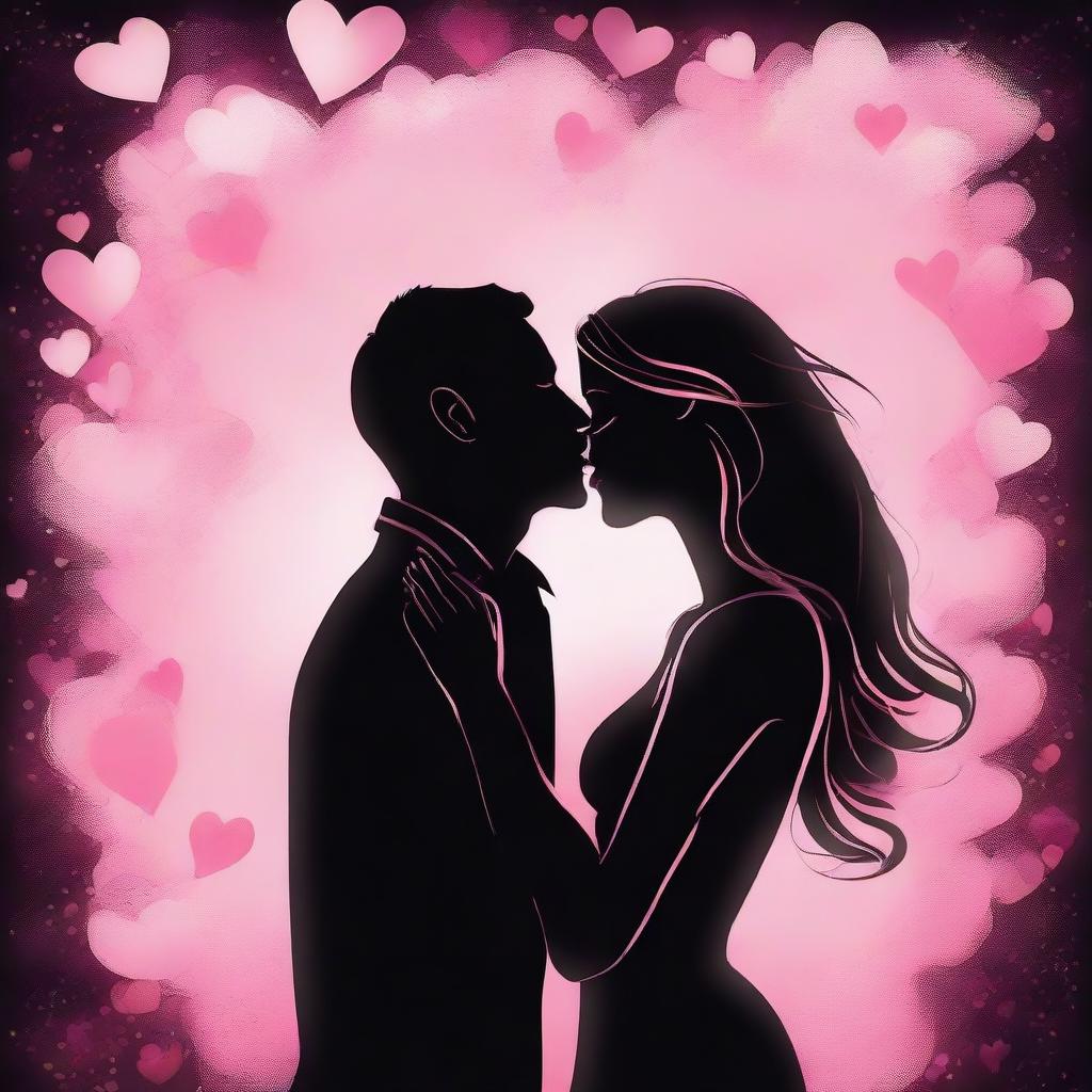 A romantic embrace where a couple is locked in a passionate kiss which emits a glow symbolizing love. They are surrounded by floating hearts and rosy pink hues.