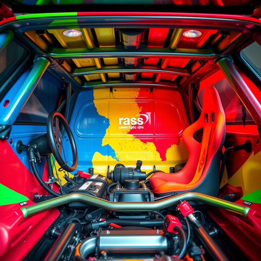 A race car with a stripped interior, showcasing a vibrant and dynamic painted design featuring multiple colors like bright red, electric blue, neon green, and sunny yellow