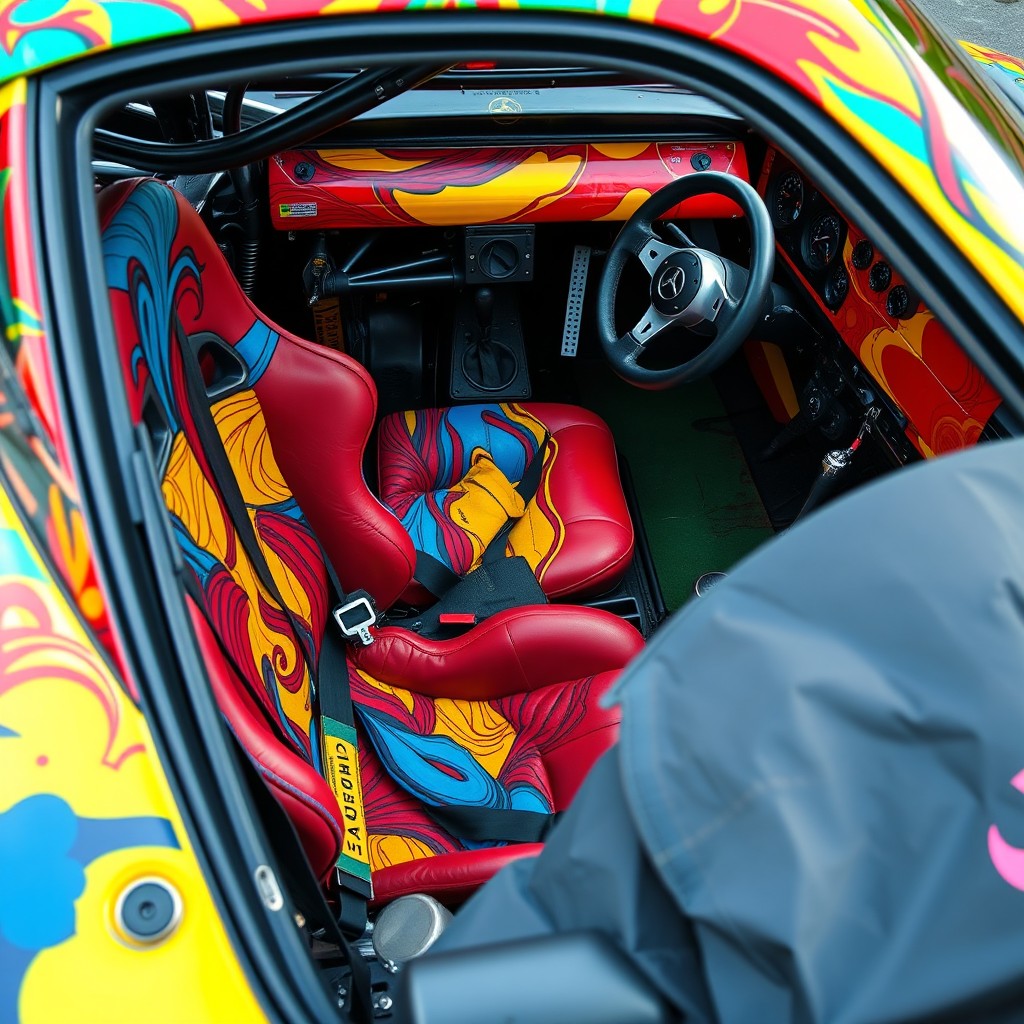 A race car interior painted in multiple vivid colors, showcasing a lively and exciting design