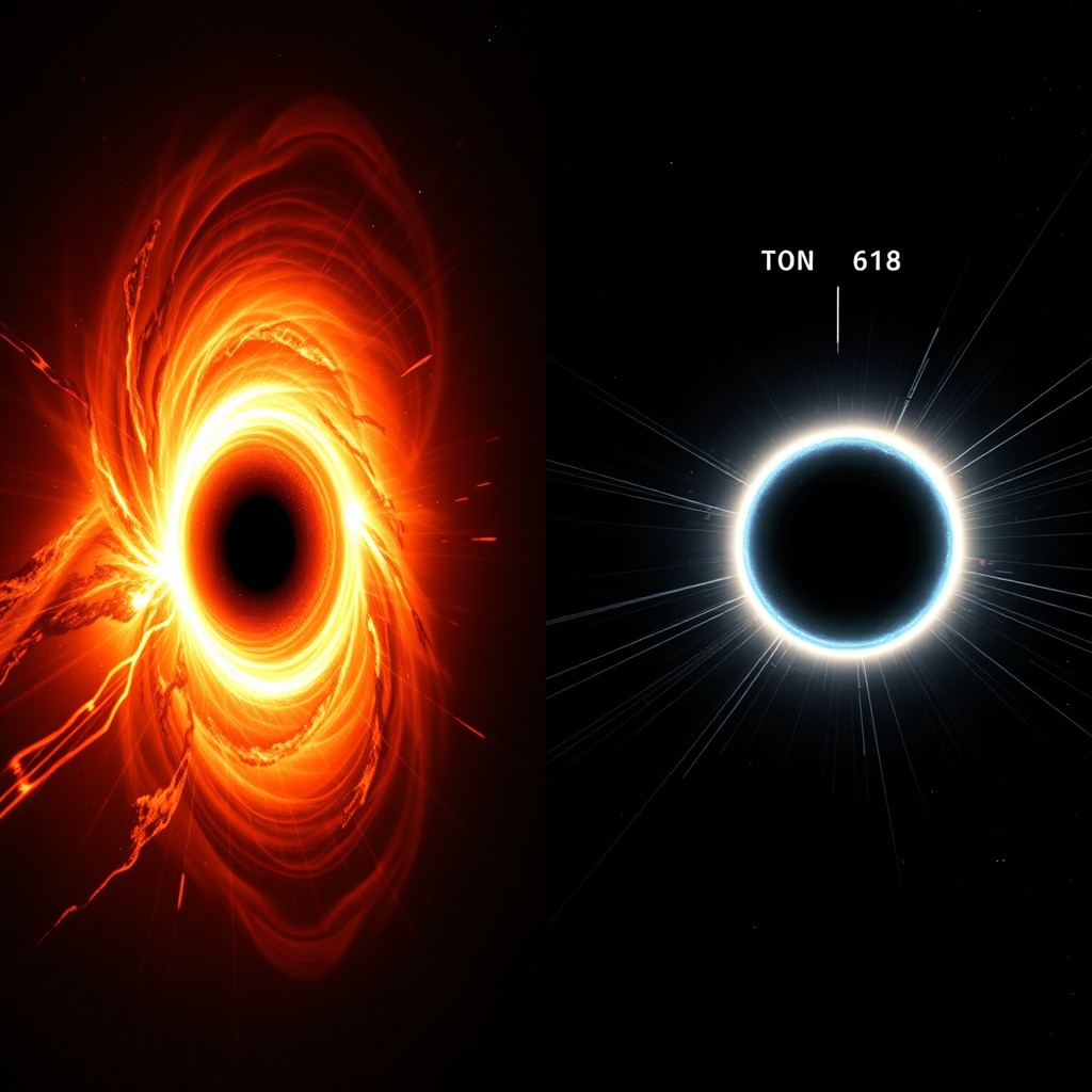 A scientifically accurate comparison of two supermassive black holes, on the left, Phoenix A (100 billion solar masses), depicted as 1