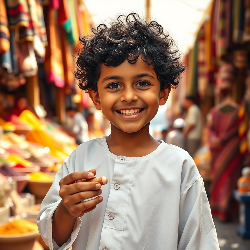 A young Arabic boy with curly black hair, wearing a traditional white thobe, standing in a sunlit market filled with colorful spices and fabrics