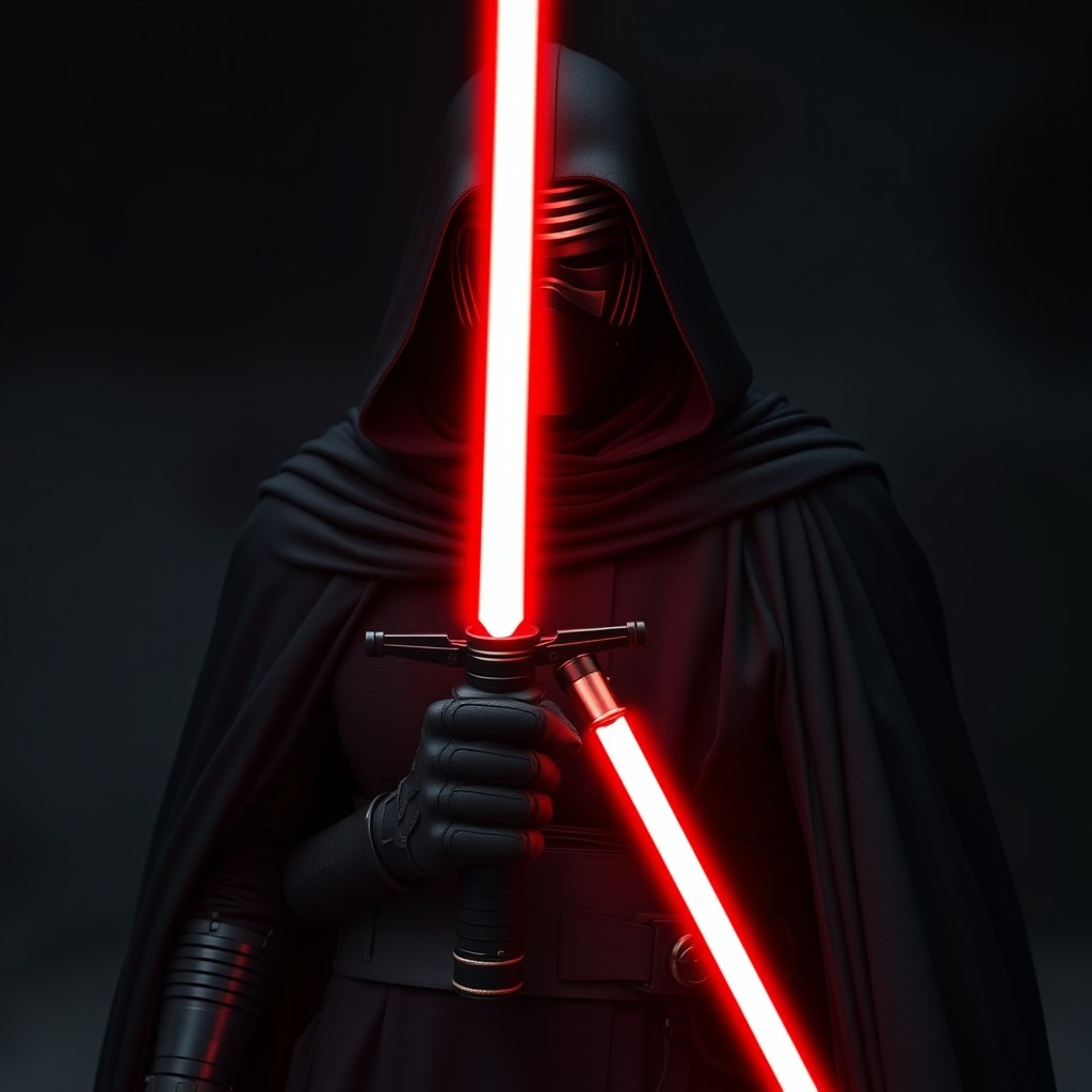 A powerful figure styled as Kylo Ren, wearing a dark and menacing mask and flowing black robes