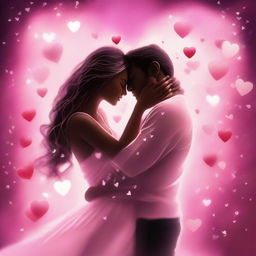 A romantic embrace where a couple is locked in a passionate kiss which emits a glow symbolizing love. They are surrounded by floating hearts and rosy pink hues.