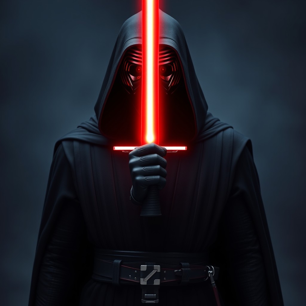 A powerful figure styled as Kylo Ren, wearing a dark and menacing mask and flowing black robes