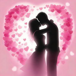 A romantic embrace where a couple is locked in a passionate kiss which emits a glow symbolizing love. They are surrounded by floating hearts and rosy pink hues.