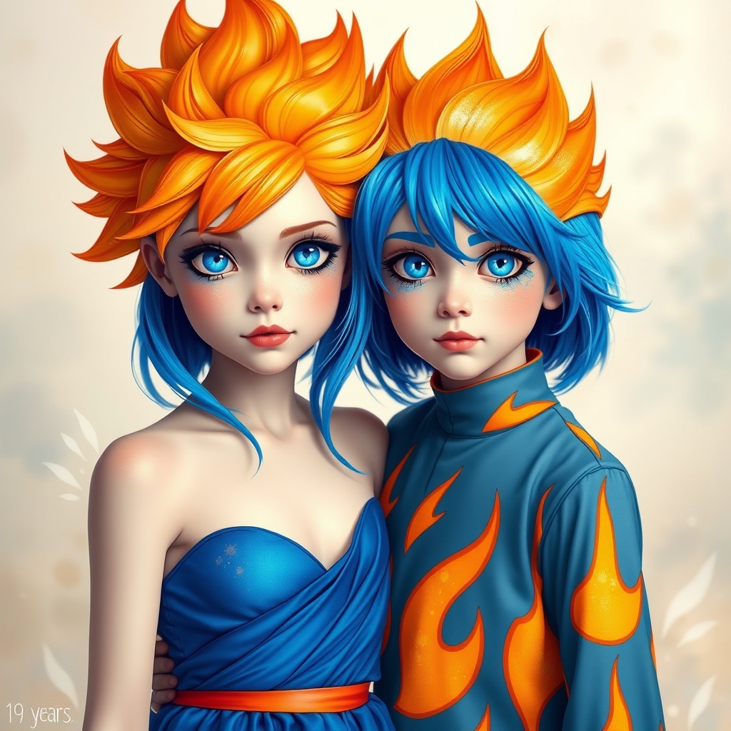 A striking scene featuring a girl with vibrant blue hair cascading around her shoulders, dressed in an elegant blue dress that complements her bright blue eyes