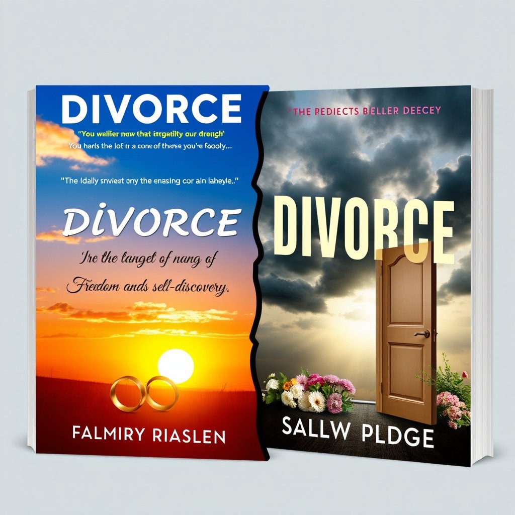 An engaging eBook cover design inspired by bestsellers about divorce, featuring a split image representing two contrasting sides of a relationship: one side showing a joyful, sunny scene depicting freedom and self-discovery, with a vibrant sunset, while the other side shows a somber, cloudy atmosphere depicting the emotional turmoil of a breakup