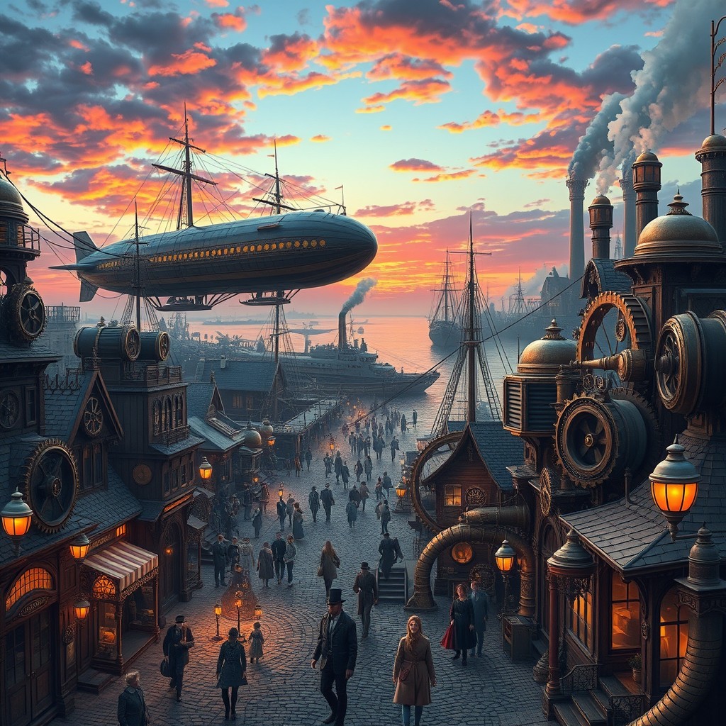A bustling steampunk port city, with large airships docking and departing, intricate brass gears and machinery visible everywhere