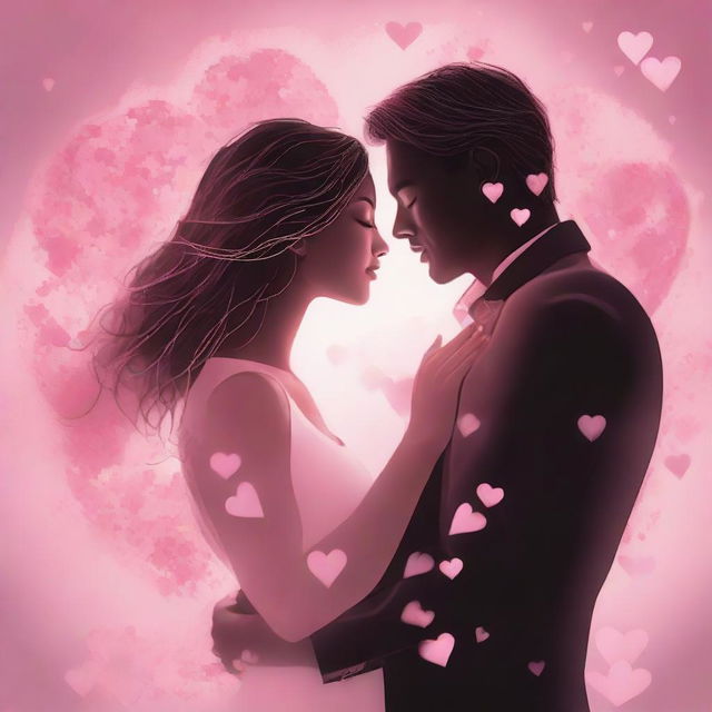 A romantic embrace where a couple is locked in a passionate kiss which emits a glow symbolizing love. They are surrounded by floating hearts and rosy pink hues.