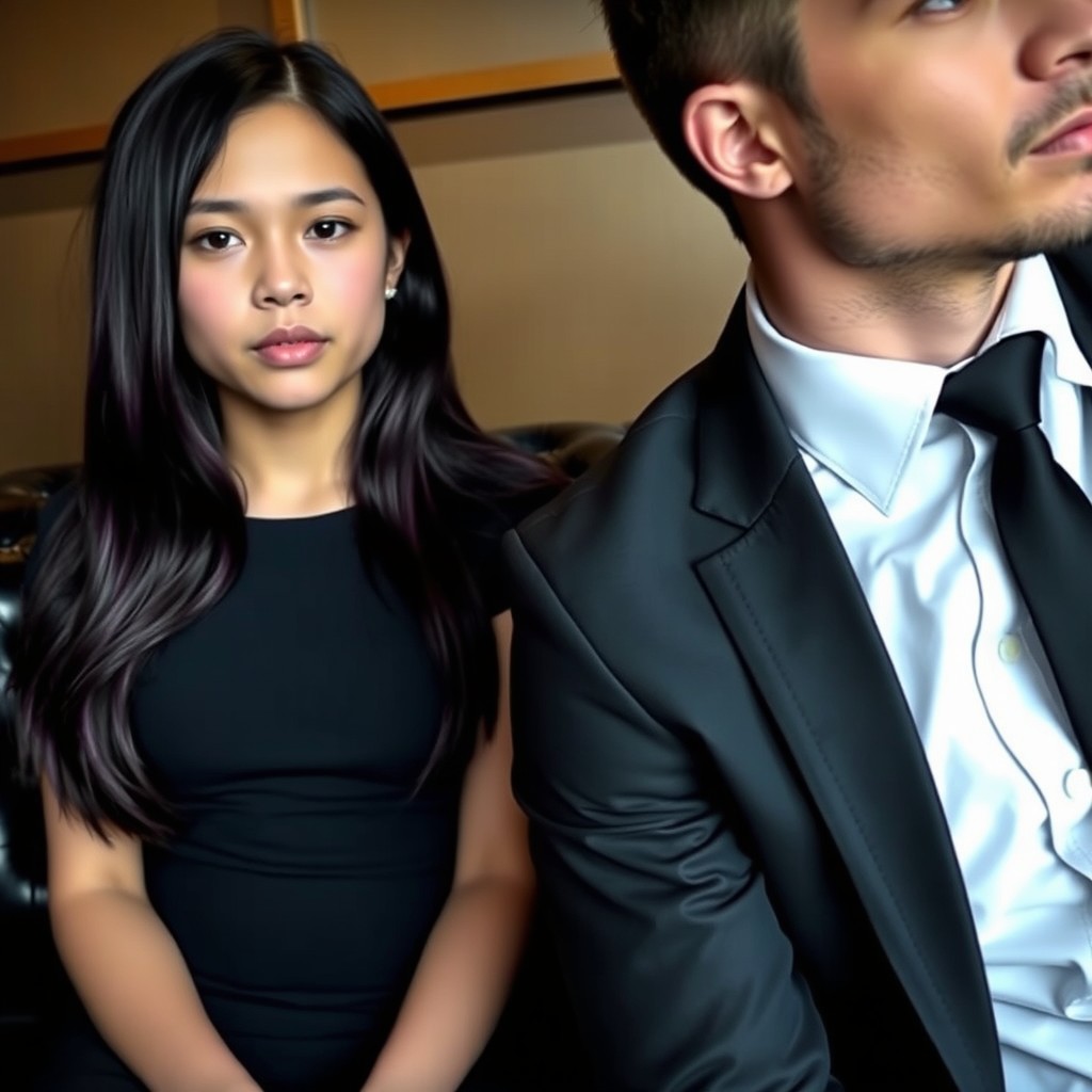 A captivating scene featuring a girl on the left with long dark violet hair wearing a fitting black dress, sitting on a black leather sofa