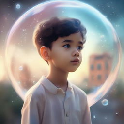 A boy gazing at a vision of his dream. The dream is encapsulated inside a bubble floating in front of him, manifesting his deepest aspirations and hopes vividly.