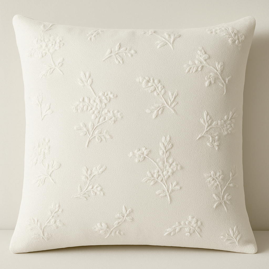 create a cushion cover with white base and tone on tone embroidery