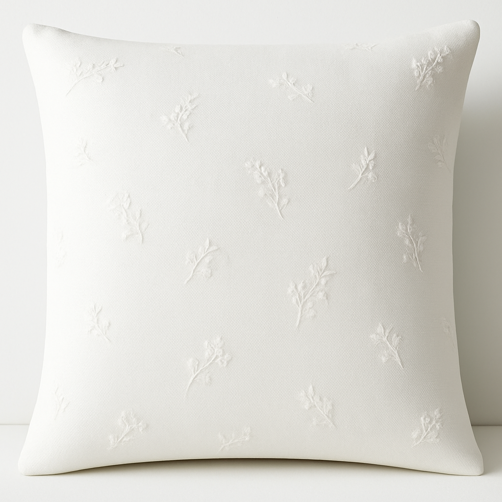 create a realistic cushion cover with white base and tone on tone minimal floral embroidery