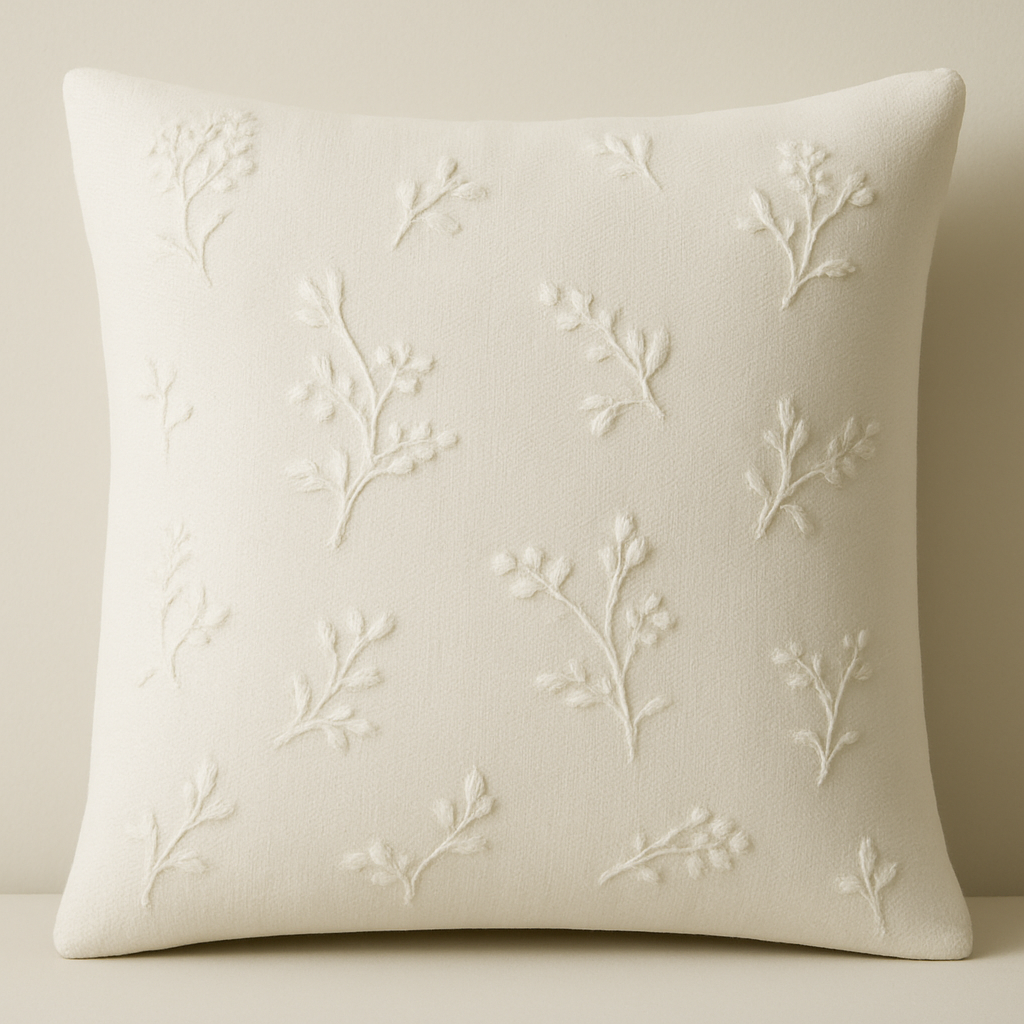 create a cushion cover with white base and tone on tone minimal floral embroidery, make it look real and not ai generated
