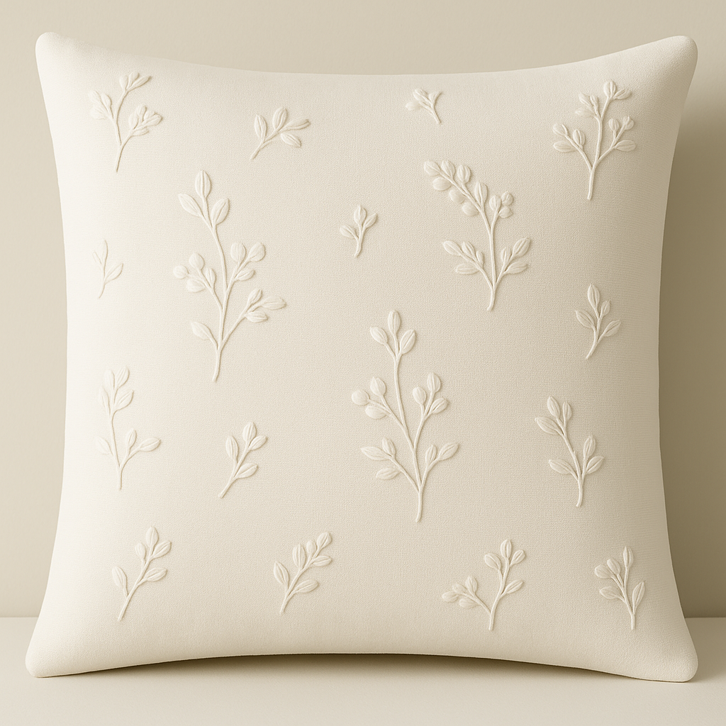 create a cushion cover with white base and tone on tone minimal floral embroidery with satin stitch, make it look real and not ai generated
