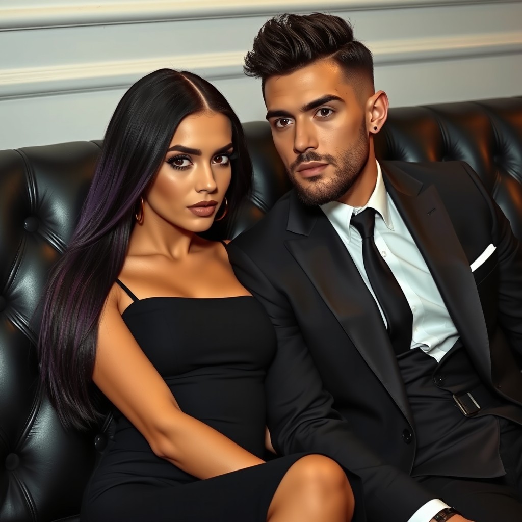 A stylish scene featuring a woman and a man seated on a black leather sofa in a luxurious setting