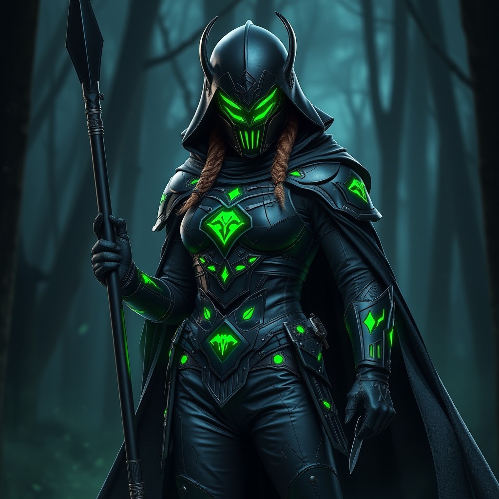 An impressive character clad in a black helmet adorned with striking green glowing stripes that pulse with energy, giving her a fierce and captivating look
