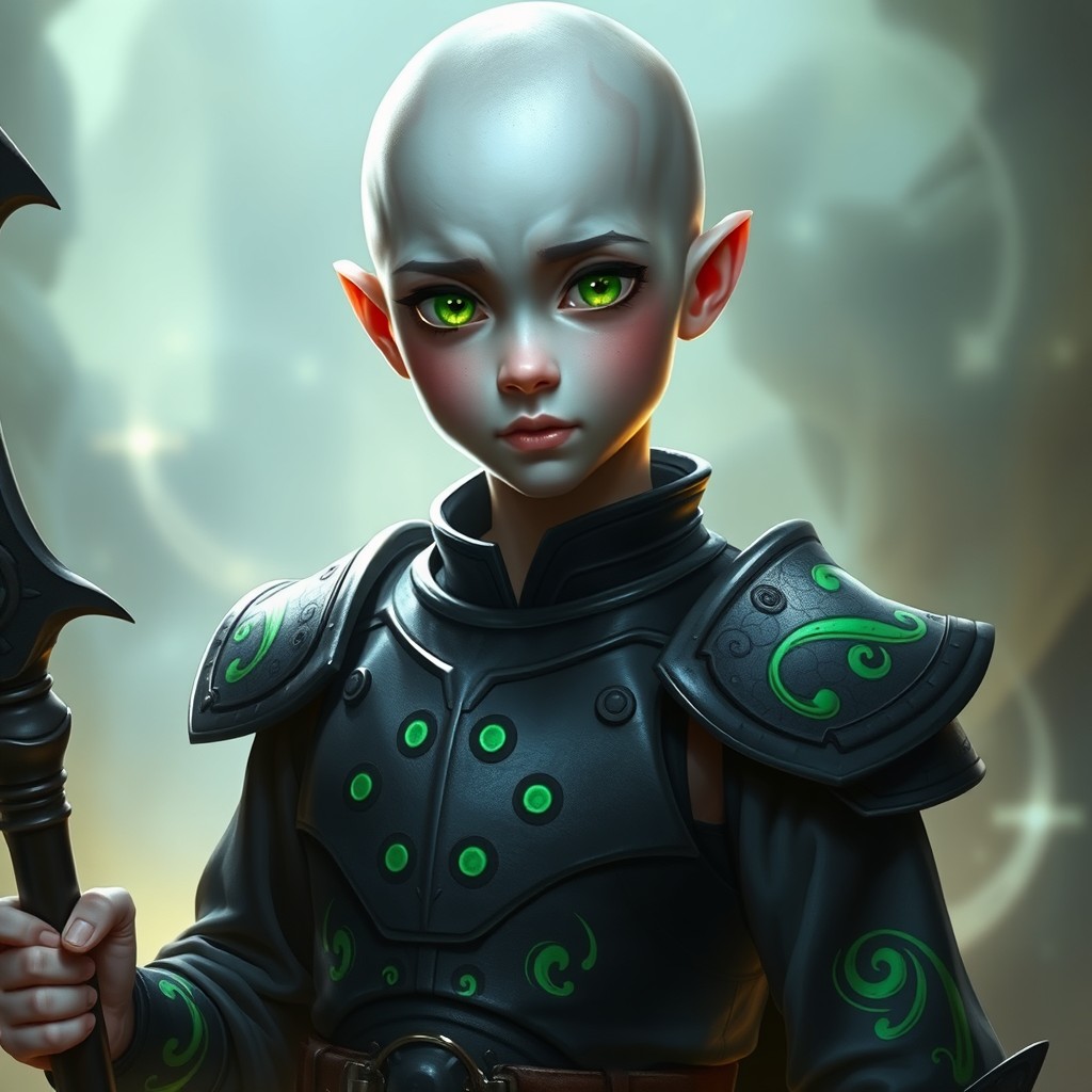 A captivating character with a bald head and grey pale skin that accentuates his vibrant green eyes, creating an intriguing and otherworldly presence