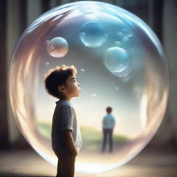 A boy gazing at a vision of his dream. The dream is encapsulated inside a bubble floating in front of him, manifesting his deepest aspirations and hopes vividly.