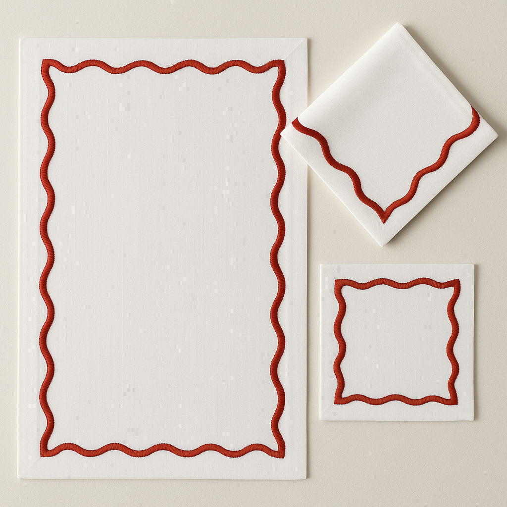 Create similar designs of table placemat, Napkin and cocktail Napkin with sateen embroidery