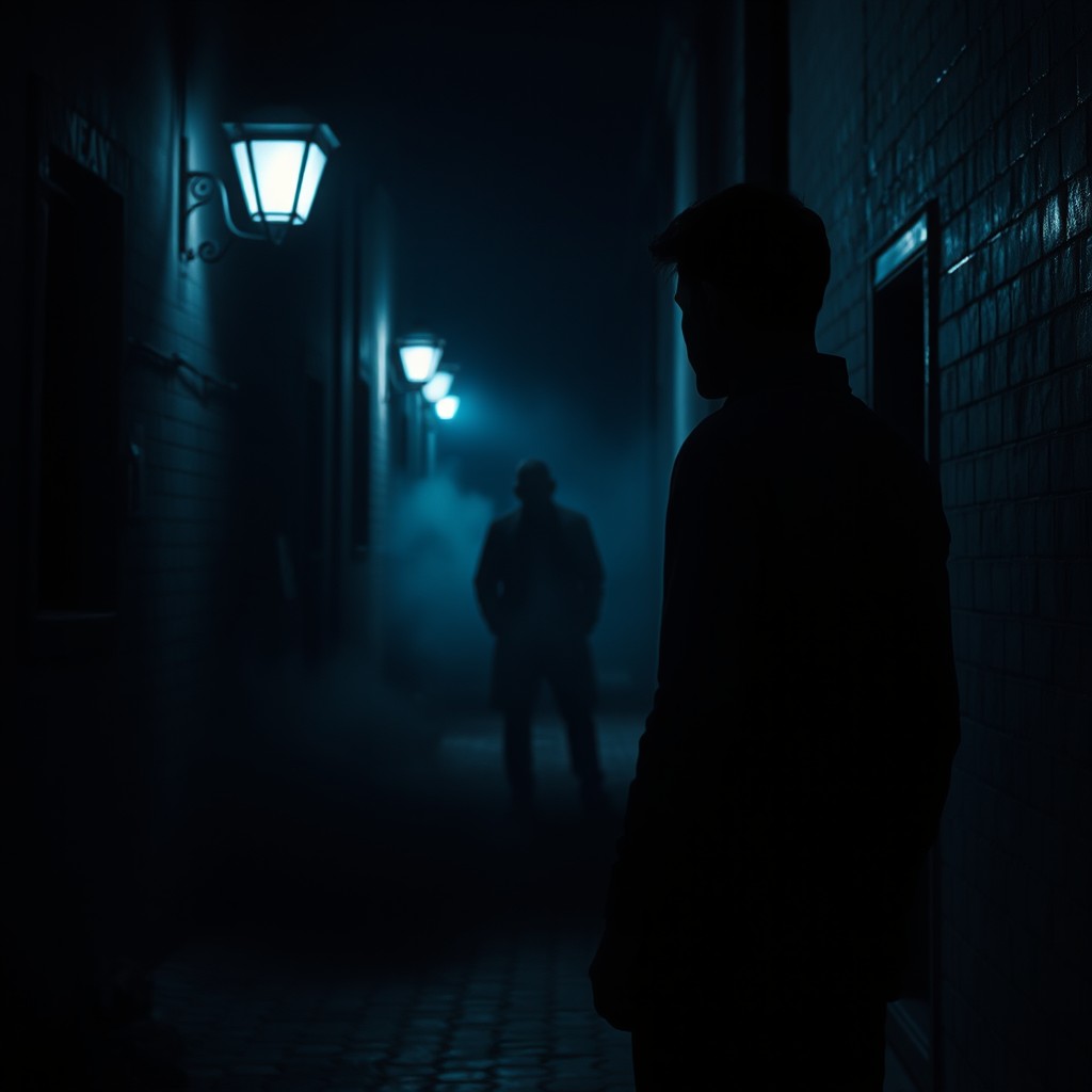 A dark and suspenseful scene set in a dimly lit alleyway, with ominous shadows cast by flickering streetlights