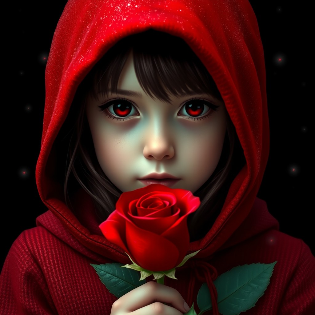 A girl with fair skin, dark red eyes, and wine-colored hair, wearing a red hood similar to Little Red Riding Hood