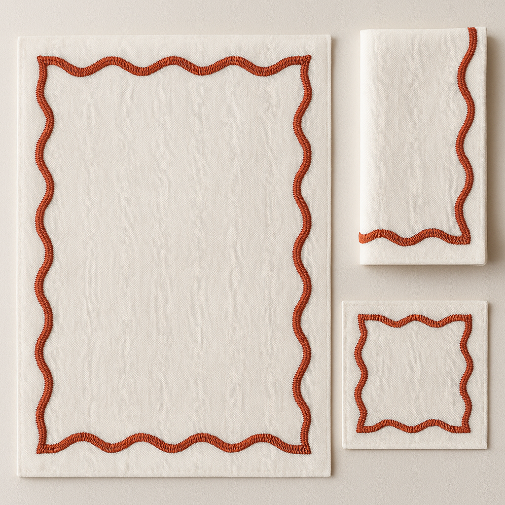 Create similar designs of table placemat, Napkin and cocktail Napkin with realistic embroidery same as image