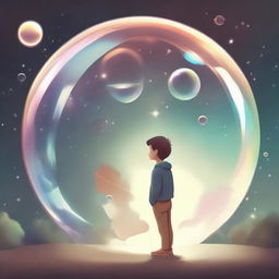 A boy gazing at a vision of his dream. The dream is encapsulated inside a bubble floating in front of him, manifesting his deepest aspirations and hopes vividly.