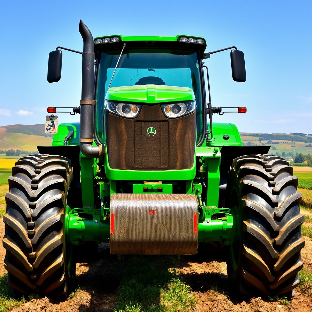 A large, bright green agricultural tractor in a vibrant farm setting, showcasing a detailed texture of the machine's metallic body, with glistening paint and visible wear from use