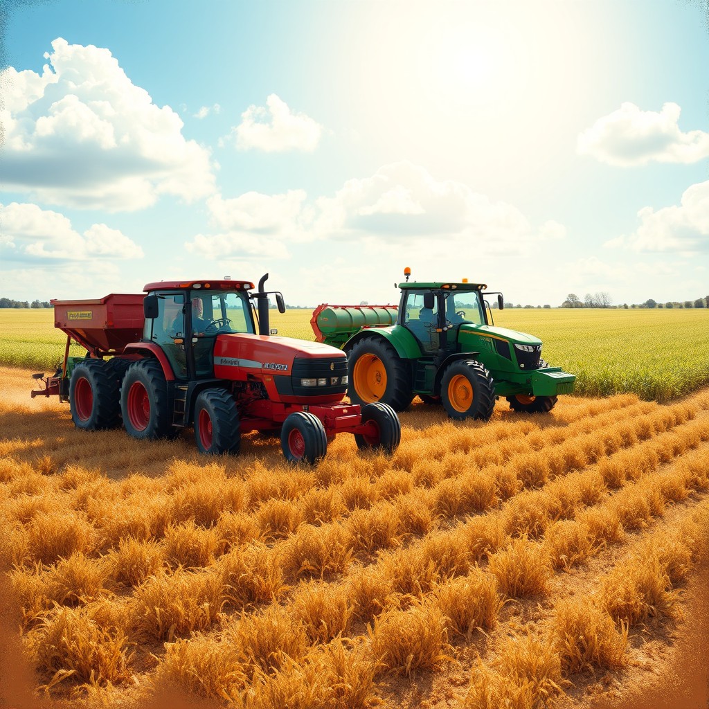 Two tractors working in a vast agricultural field, showcasing modern farming techniques
