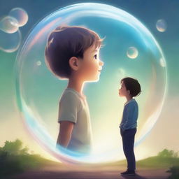 A boy gazing at a vision of his dream. The dream is encapsulated inside a bubble floating in front of him, manifesting his deepest aspirations and hopes vividly.