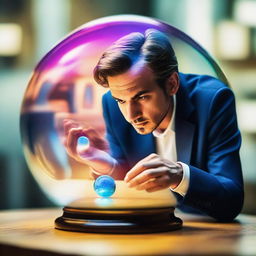 A man intently observing his dream, which is reflected in a crystal ball. The scene within the ball portrays his ambitions and goals with vivid details and bright colors.