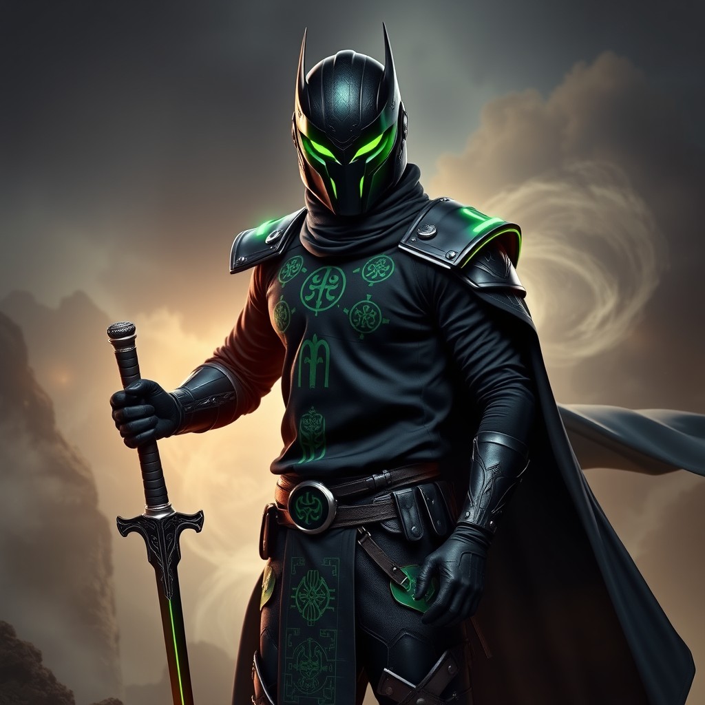 A striking character featuring a black and green helmet that exudes a futuristic and powerful vibe