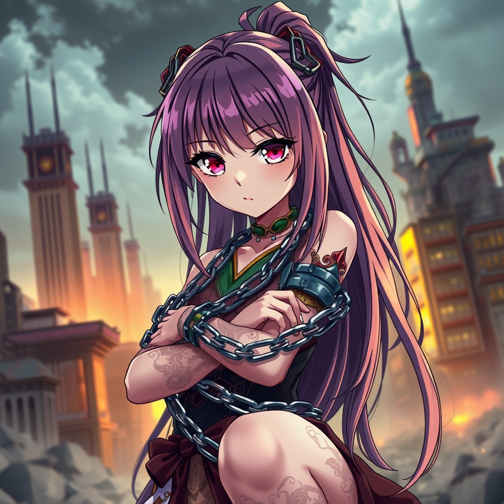 An anime girl with long, vibrant hair, her large expressive eyes filled with determination