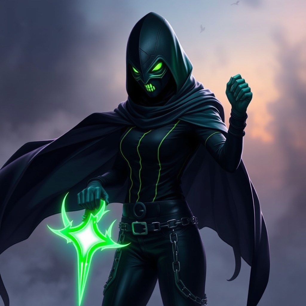 A mysterious and powerful character adorned with a sleek black helmet that obscures her face, revealing eerie green eye sockets that emit a faint, captivating glow