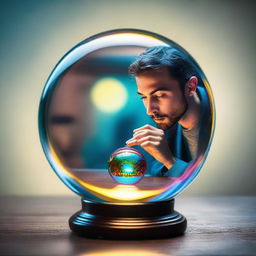 A man intently observing his dream, which is reflected in a crystal ball. The scene within the ball portrays his ambitions and goals with vivid details and bright colors.