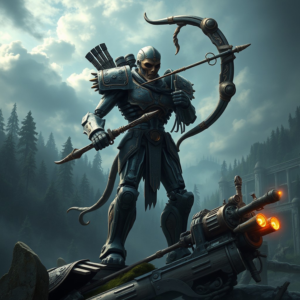 A warforged archer standing tall with a heavy crossbow in hand