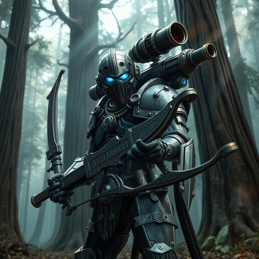 A warforged archer standing in a mystical forest, meticulously crafted with metal and intricate gears
