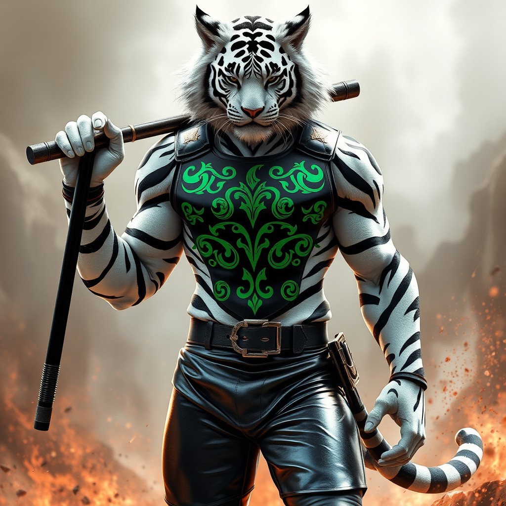 A striking humanoid character embodying the essence of a white tiger, with distinctive feline features and striking white fur accented with bold black stripes