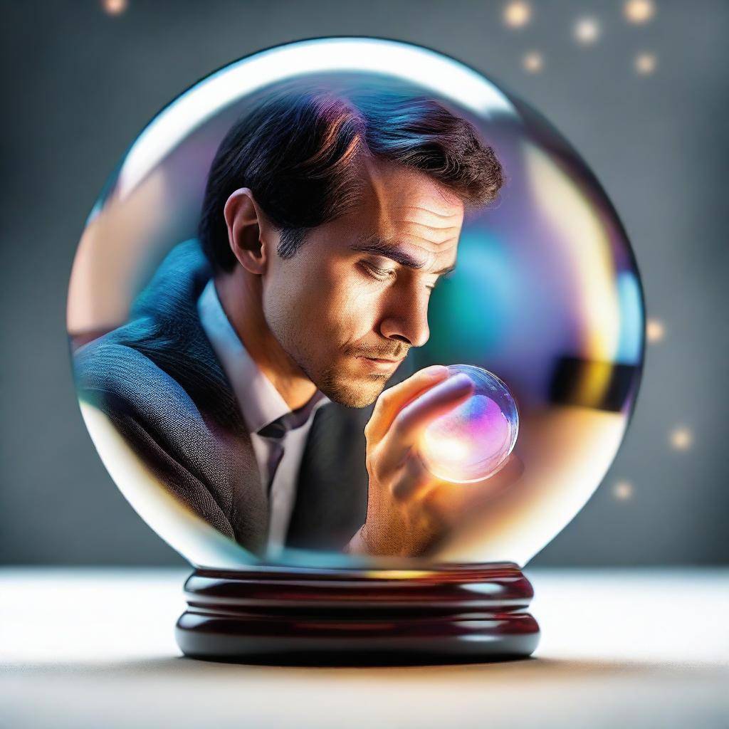 A man intently observing his dream, which is reflected in a crystal ball. The scene within the ball portrays his ambitions and goals with vivid details and bright colors.