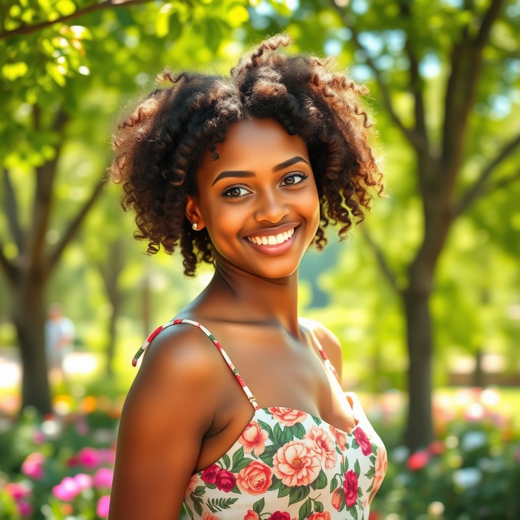 A beautiful young woman with curly hair, brown eyes, and dark brown skin, displaying a warm and inviting smile