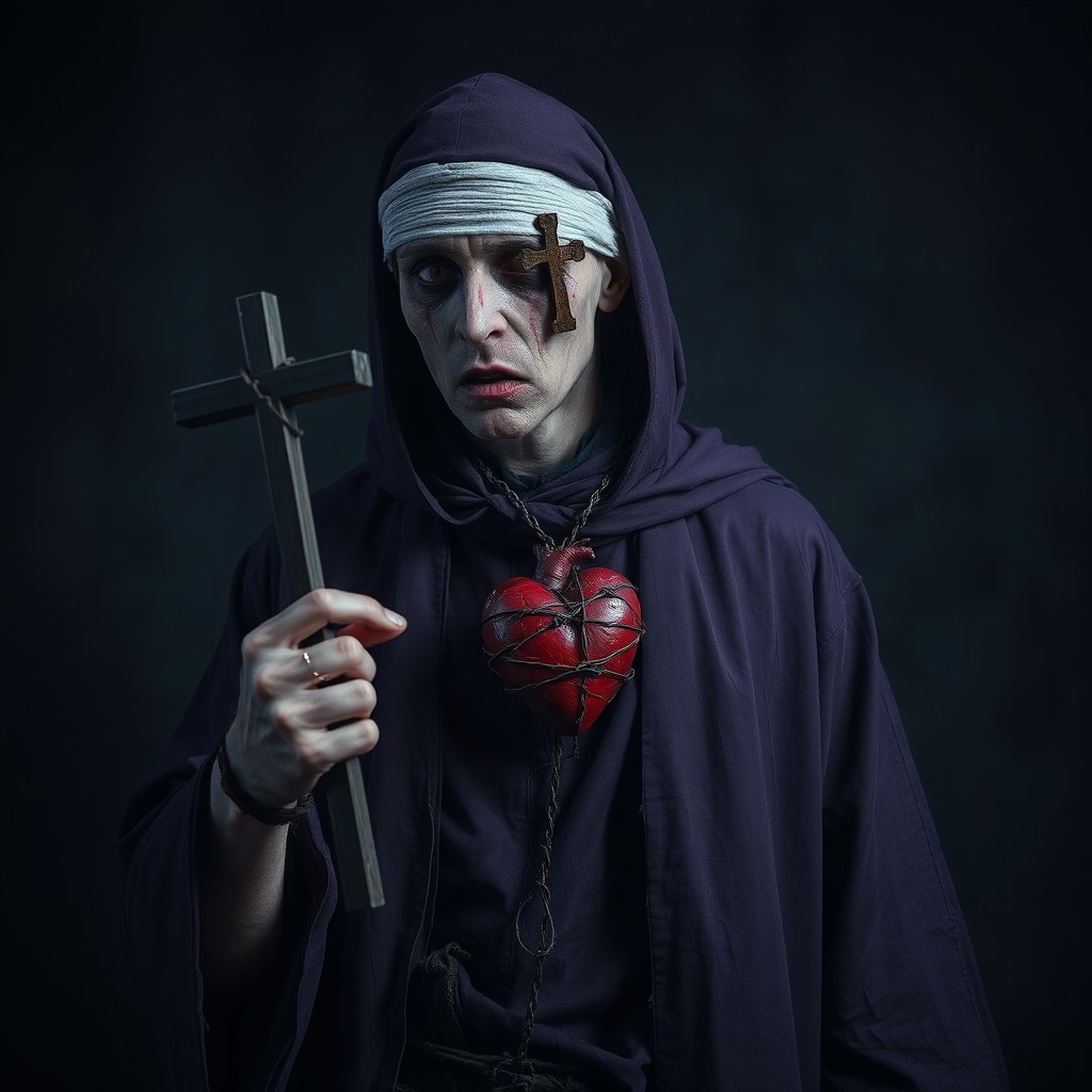 A creepy churchman in a dark purple robe, wearing tattered clothing