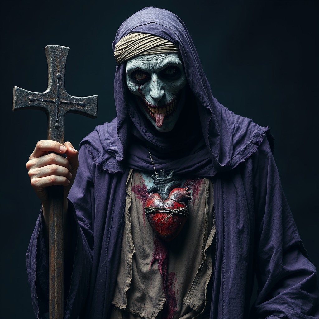 A creepy churchman in a dark purple robe, with tattered clothes, wearing a bandaged head