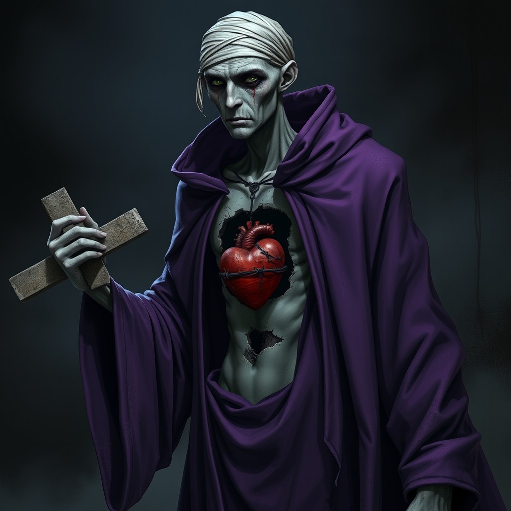 A tall, very thin male character inspired by the game Identity V, dressed in a flowing purple robe