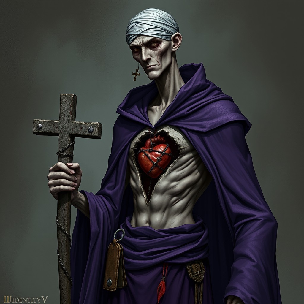 A tall, very slender male hunter from the game Identity V, dressed in a flowing purple robe