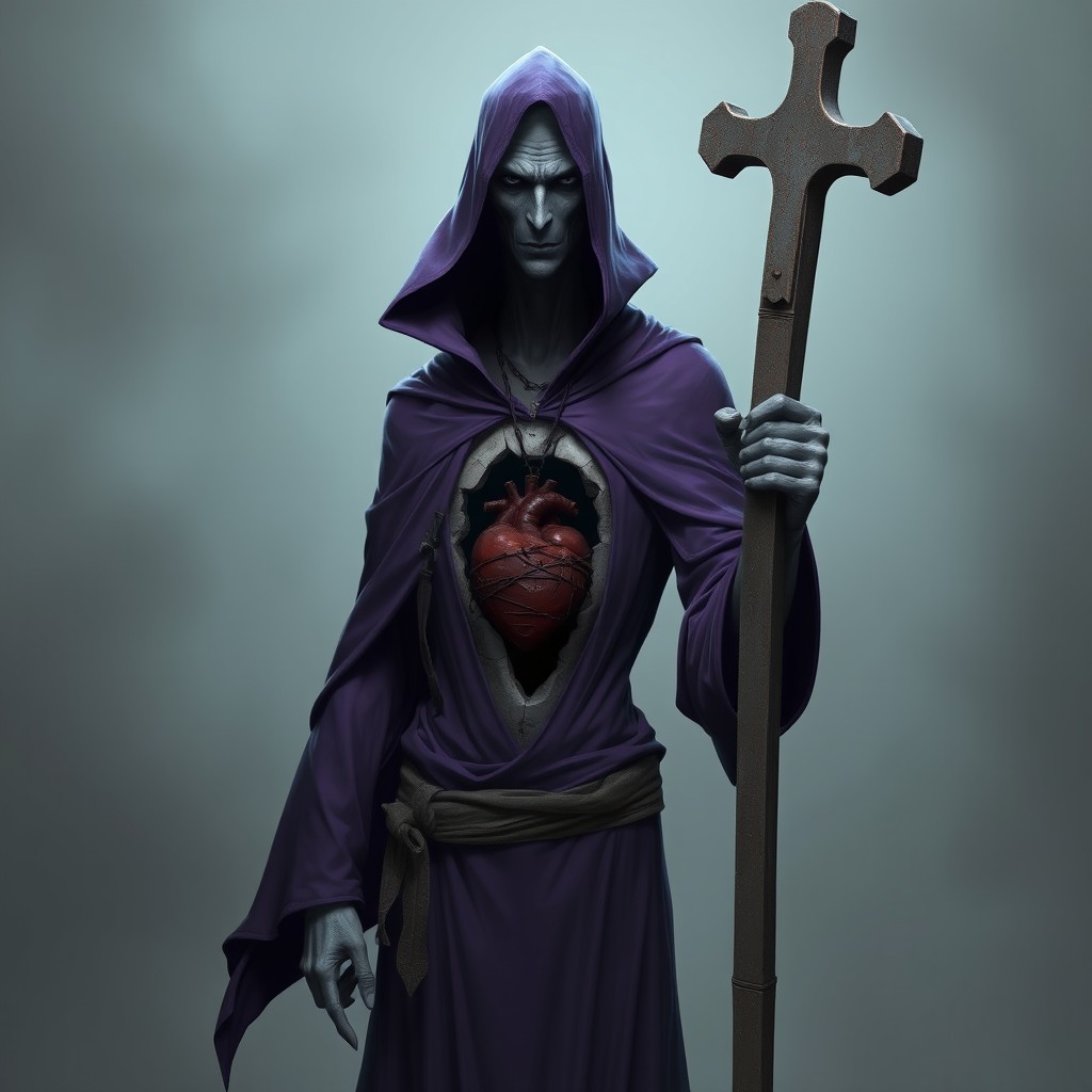 A tall, very slender male hunter from the game Identity V, dressed in a flowing purple robe with a high collar that obscures half of his face