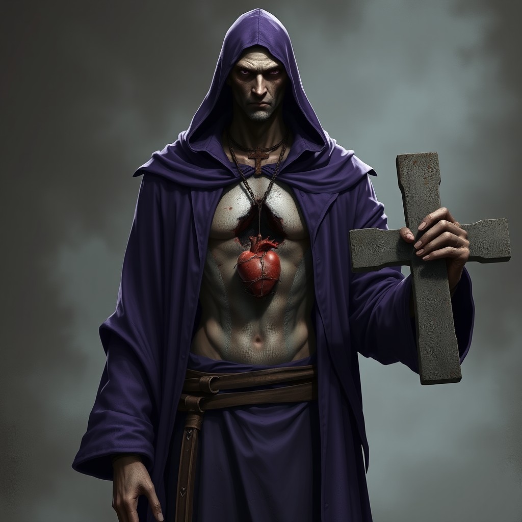 A tall, very slender male hunter from the game Identity V, dressed in a flowing purple robe with a high collar that obscures half of his face