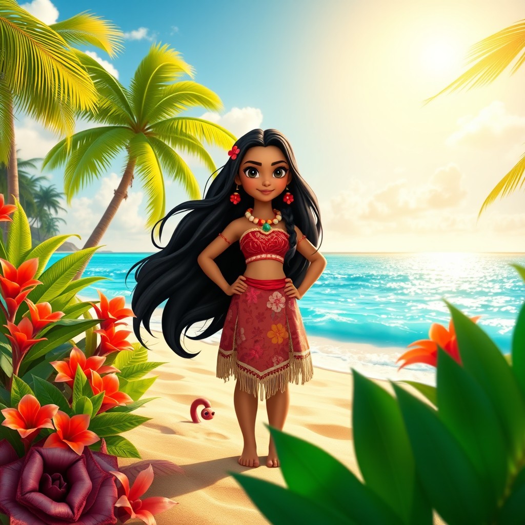 A vibrant and colorful scene inspired by Moana, featuring a brave Polynesian girl with long flowing black hair, wearing a tropical outfit decorated with patterns and flowers