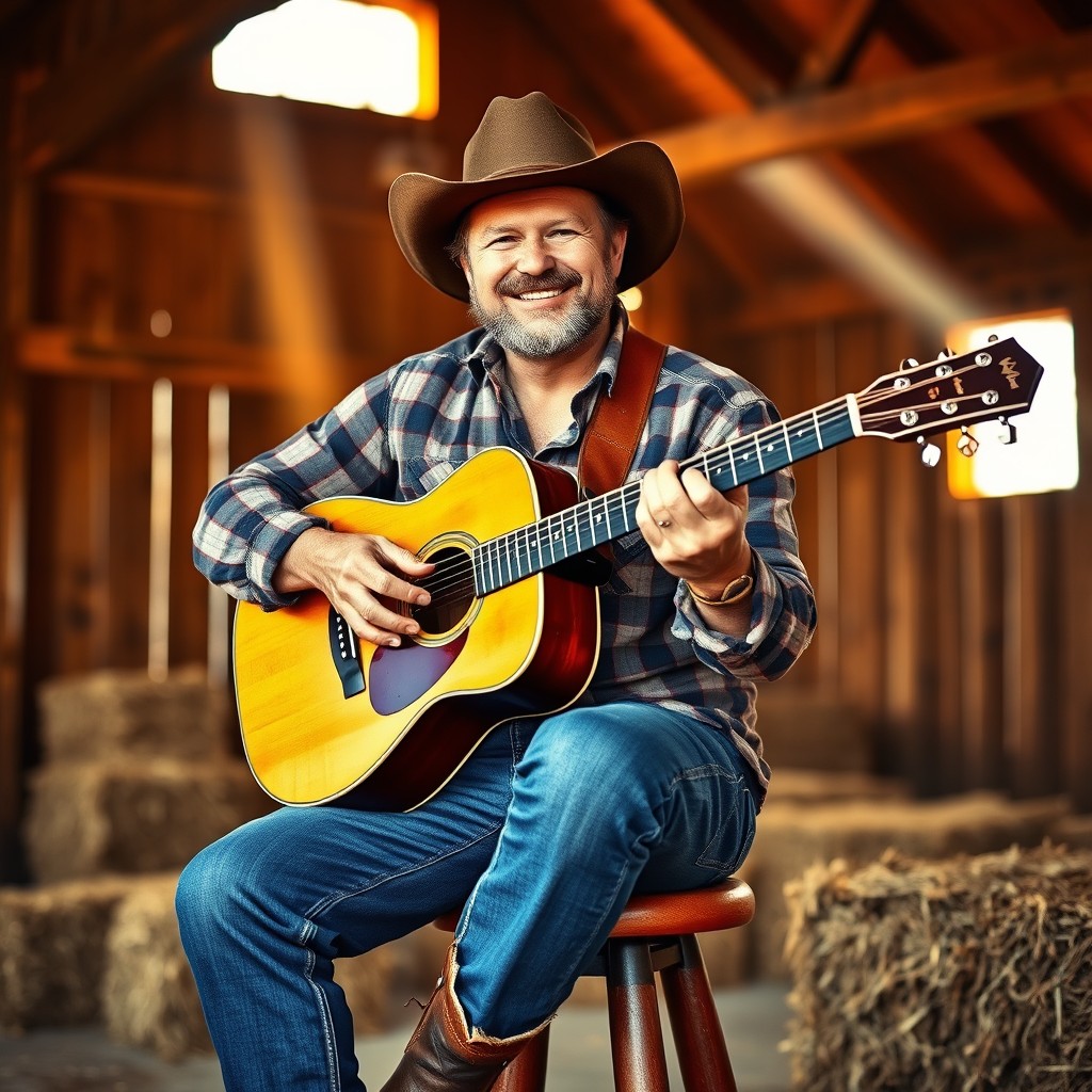 A rugged man wearing a classic cowboy hat, sitting on a stool, passionately playing a guitar