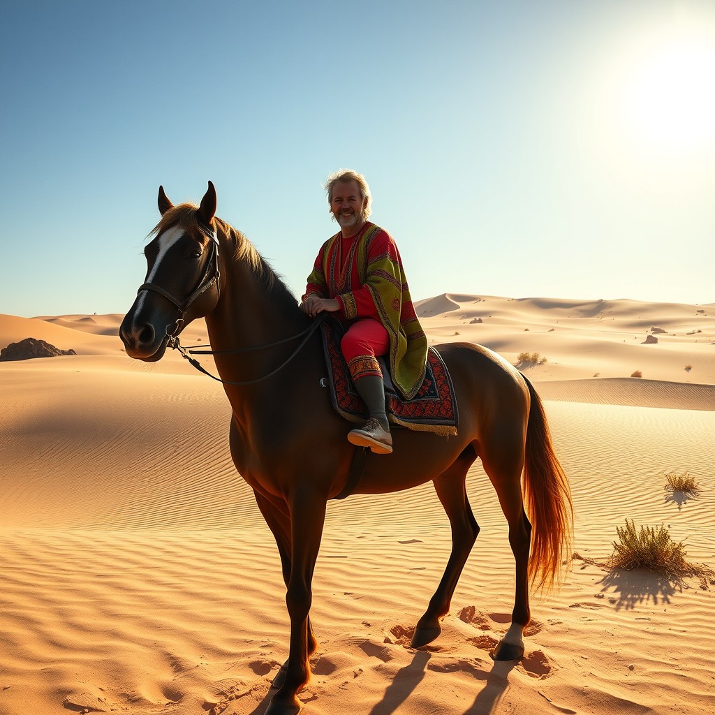 A Swedish man riding a horse in a vast desert landscape